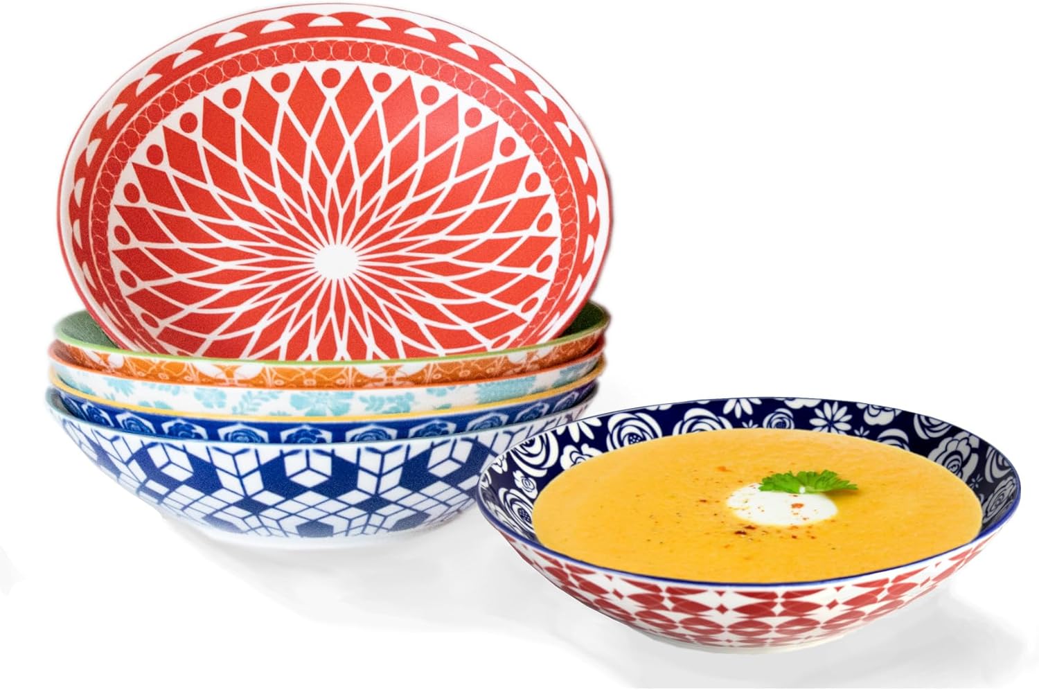 Annovero Pasta Bowls Set of 6 - Colorful Porcelain Dinnerware