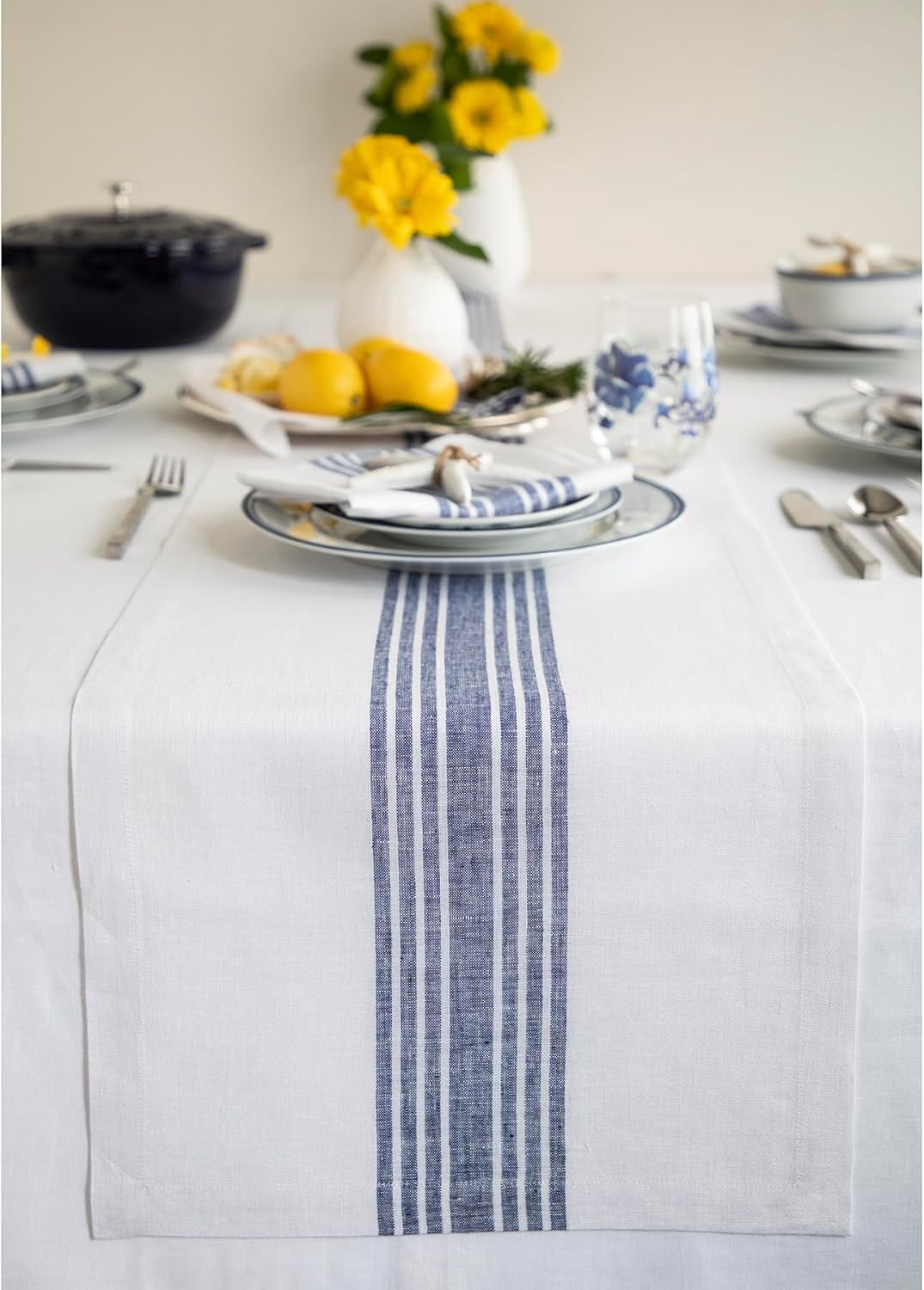 Navy and White Linen Table Runner 14 x 48 Inch for Holidays