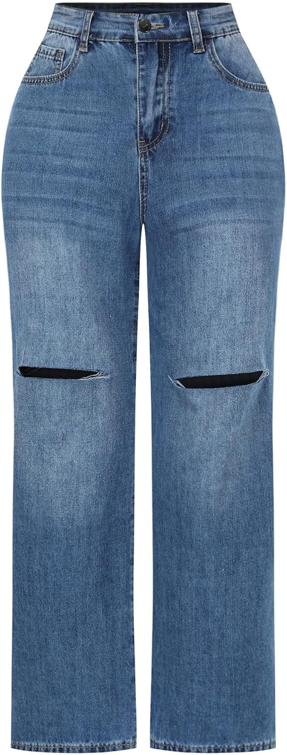 High Waisted Wide Leg Jeans for Women - Stretchy Distressed Denim