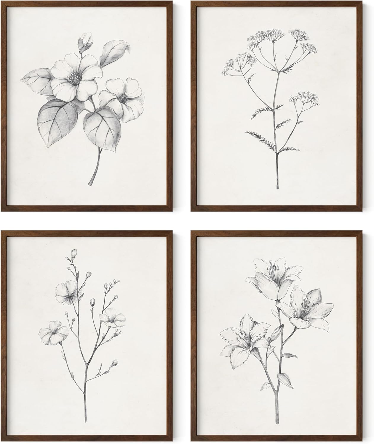 Grey Floral Wall Art Set of 4 Plant Posters for Vintage Decor
