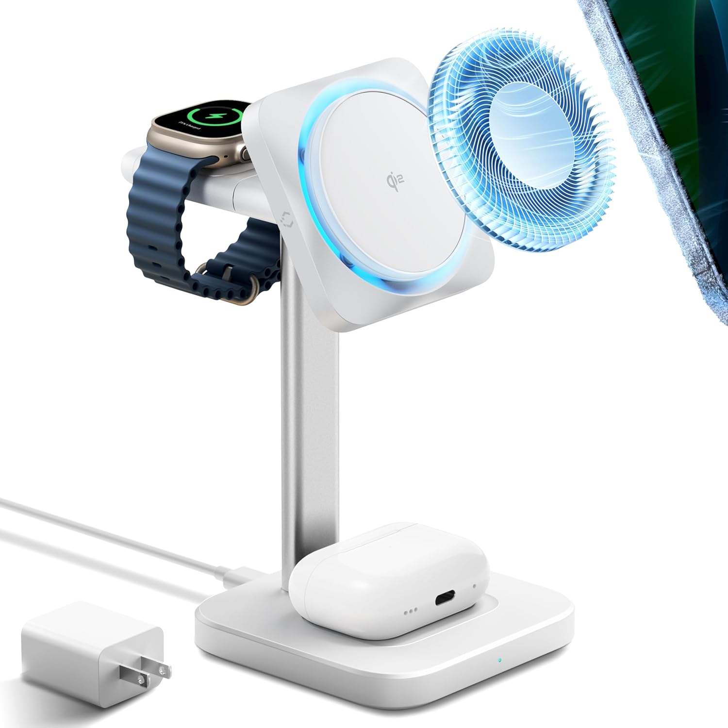 ESR Qi2 3-in-1 Charging Station: CryoBoost Cooling, 15W MagSafe Charger, White