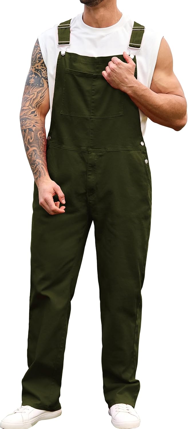 Green Overalls for Men Fashion Utility Denim Jumpsuit with Pockets