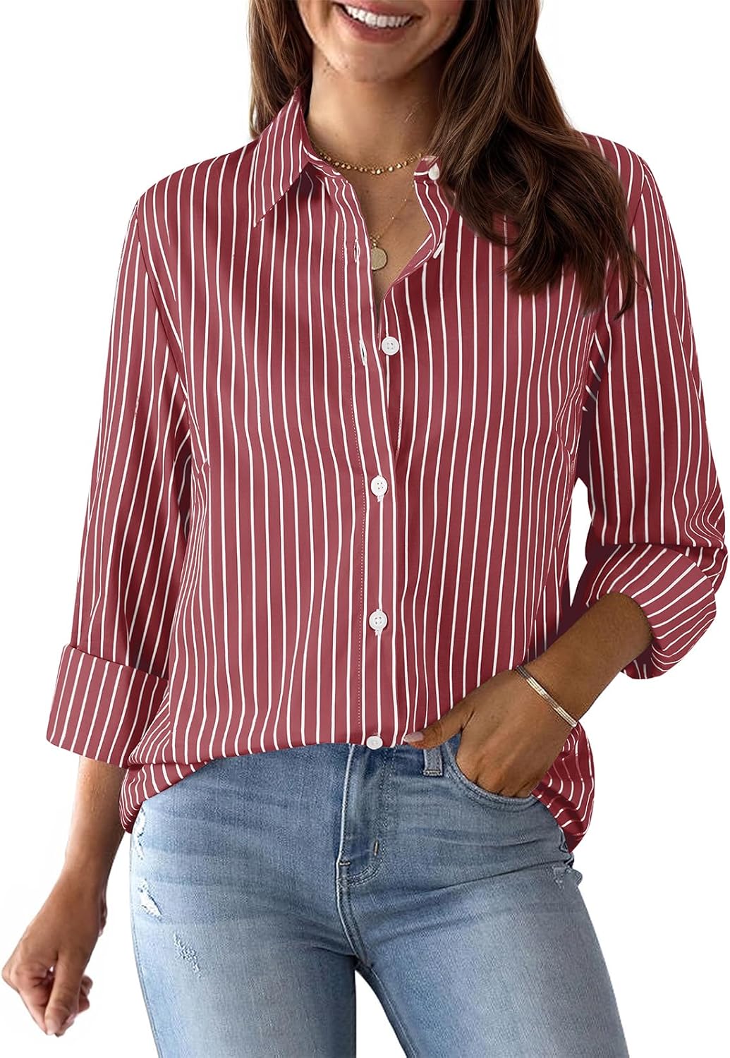 Womens Button Down Cotton Striped Dress Shirt for Work Style