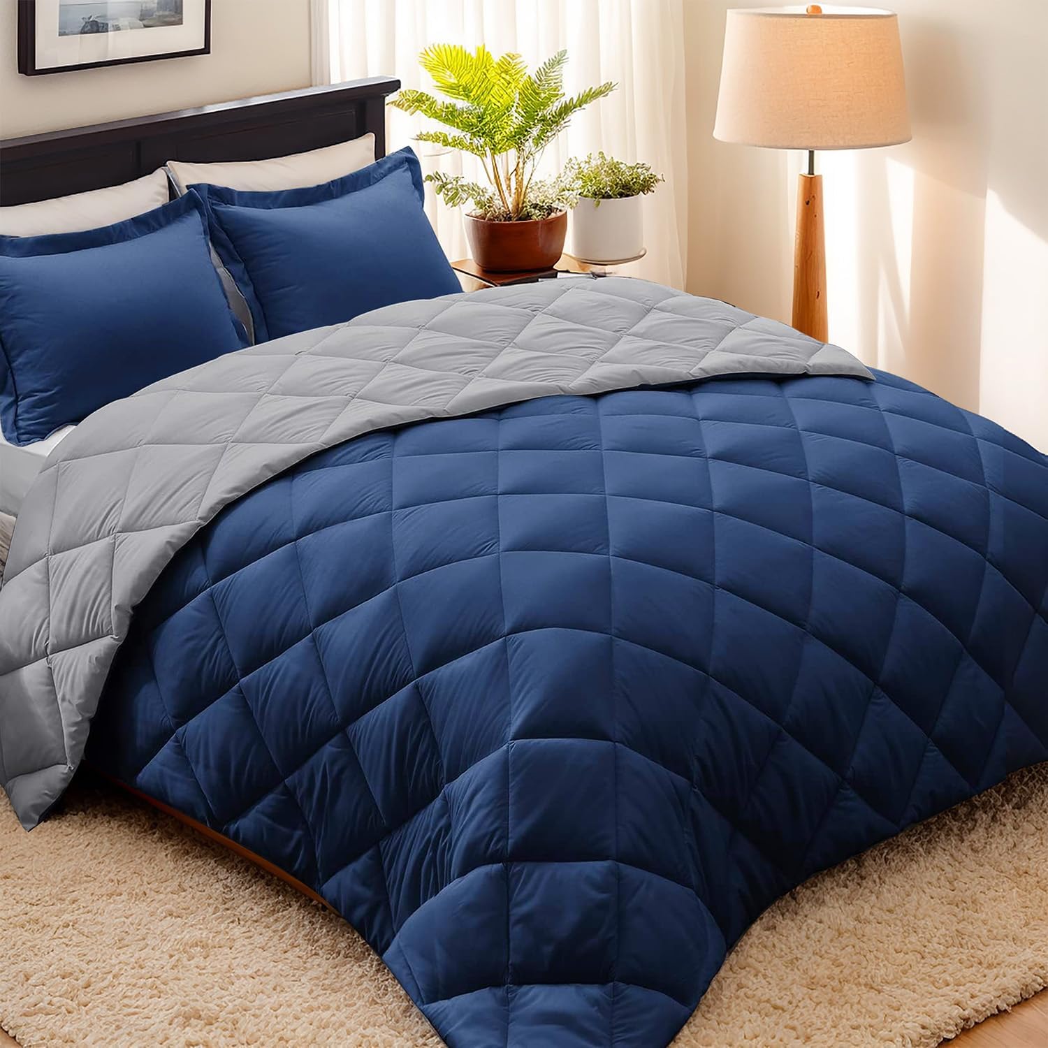 Reversible King Size Comforter Set - Navy All Season Softness