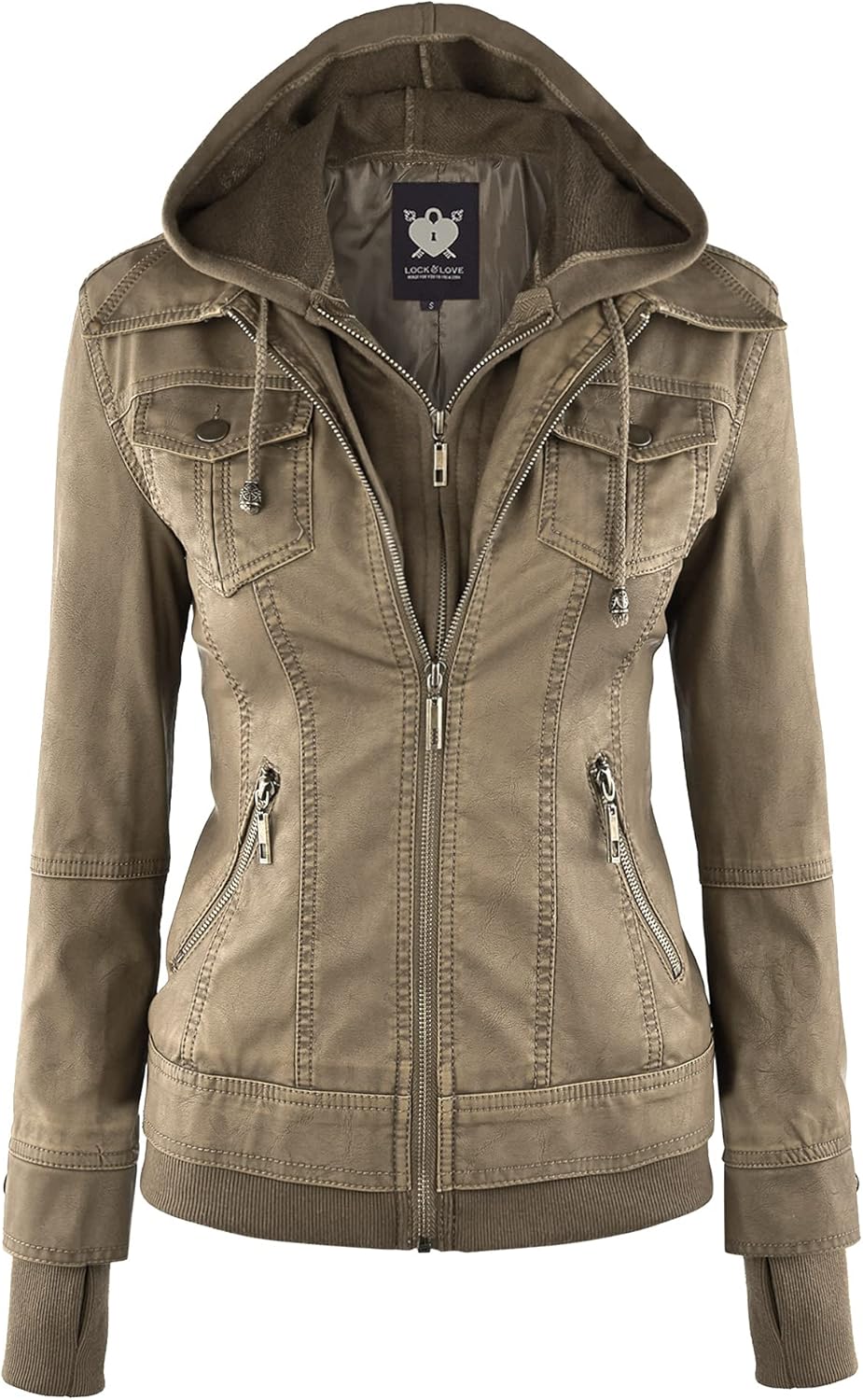 Lock and Love Women's Faux Leather Moto Biker Jacket with Hood