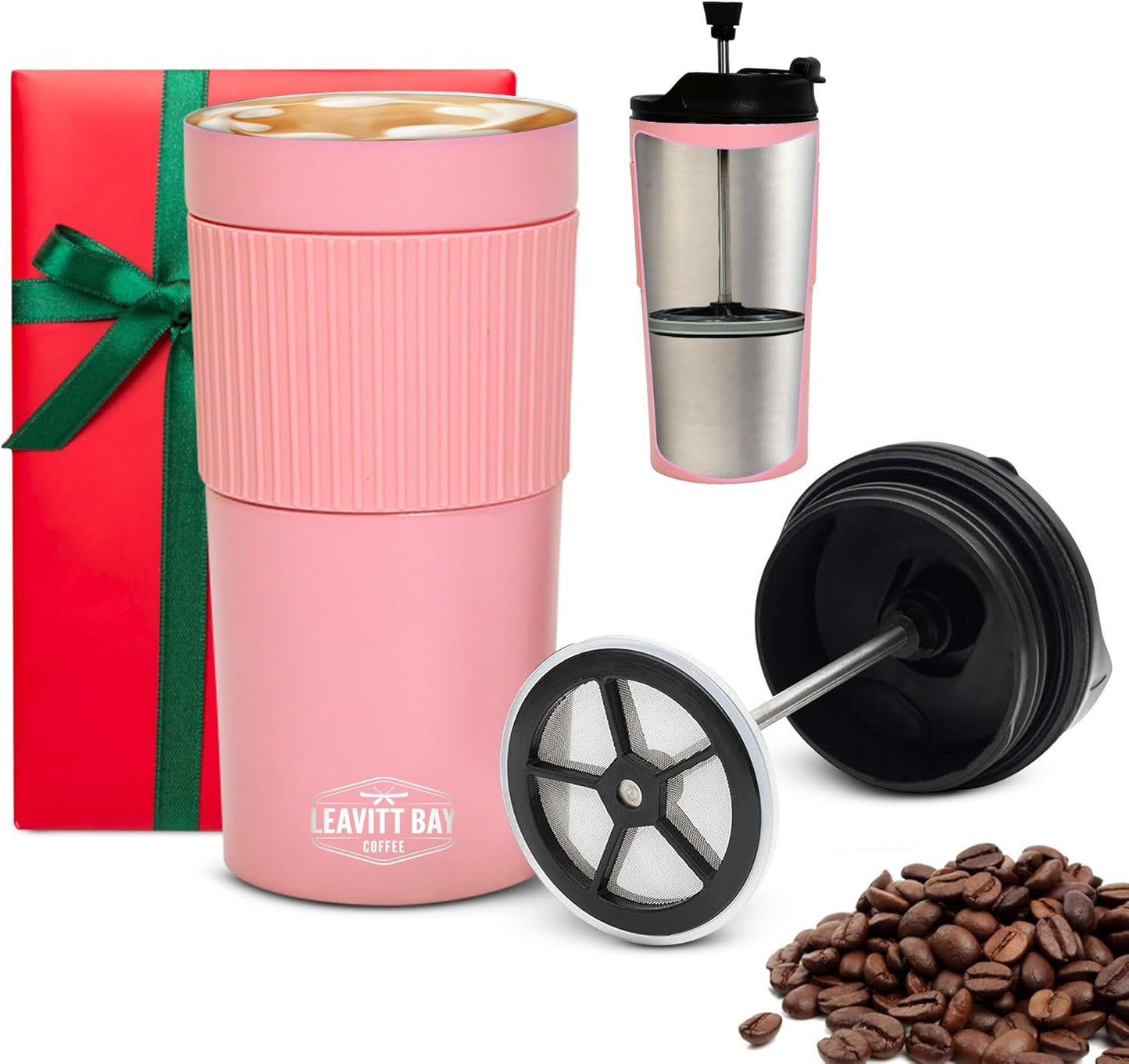 LEAVITT BAY COFFEE Portable French Press - Pink Stainless Steel Travel Mug