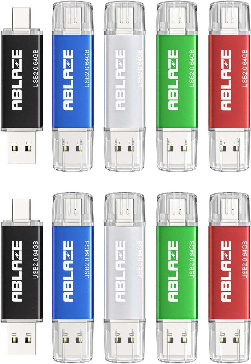 ABLAZE 64GB Dual USB Flash Drive 10 Pack for iPhone and Android