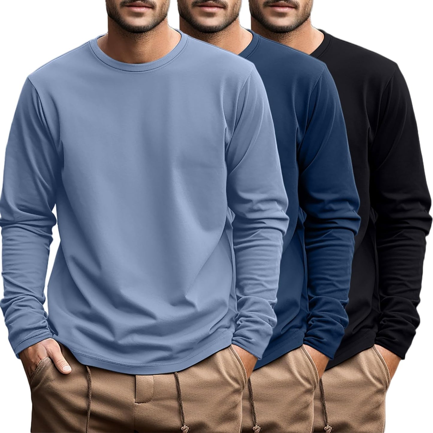 Ficerd 3 Pack Men's Big and Tall Long Sleeve Cotton Tees