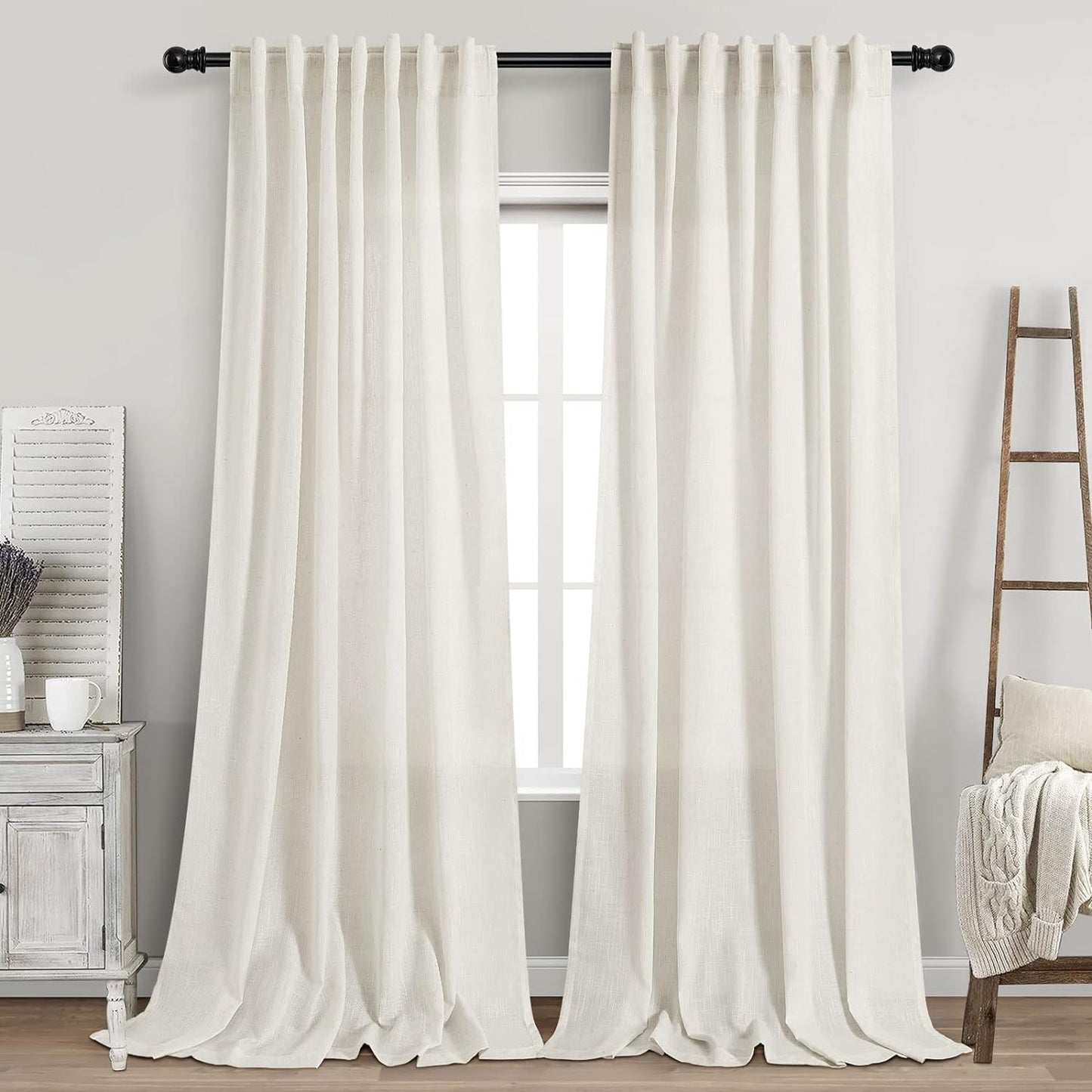 2 Panels Set Cream Linen Curtains for Living Room 108 in Long