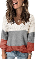 FEKOAFE Womens V Neck Hollow Knit Pullover Sweater - Lightweight Fall