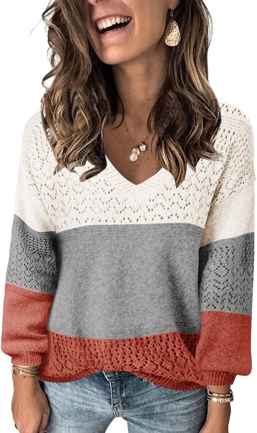 FEKOAFE Womens V Neck Long Sleeve Hollow Knit Pullover Sweater