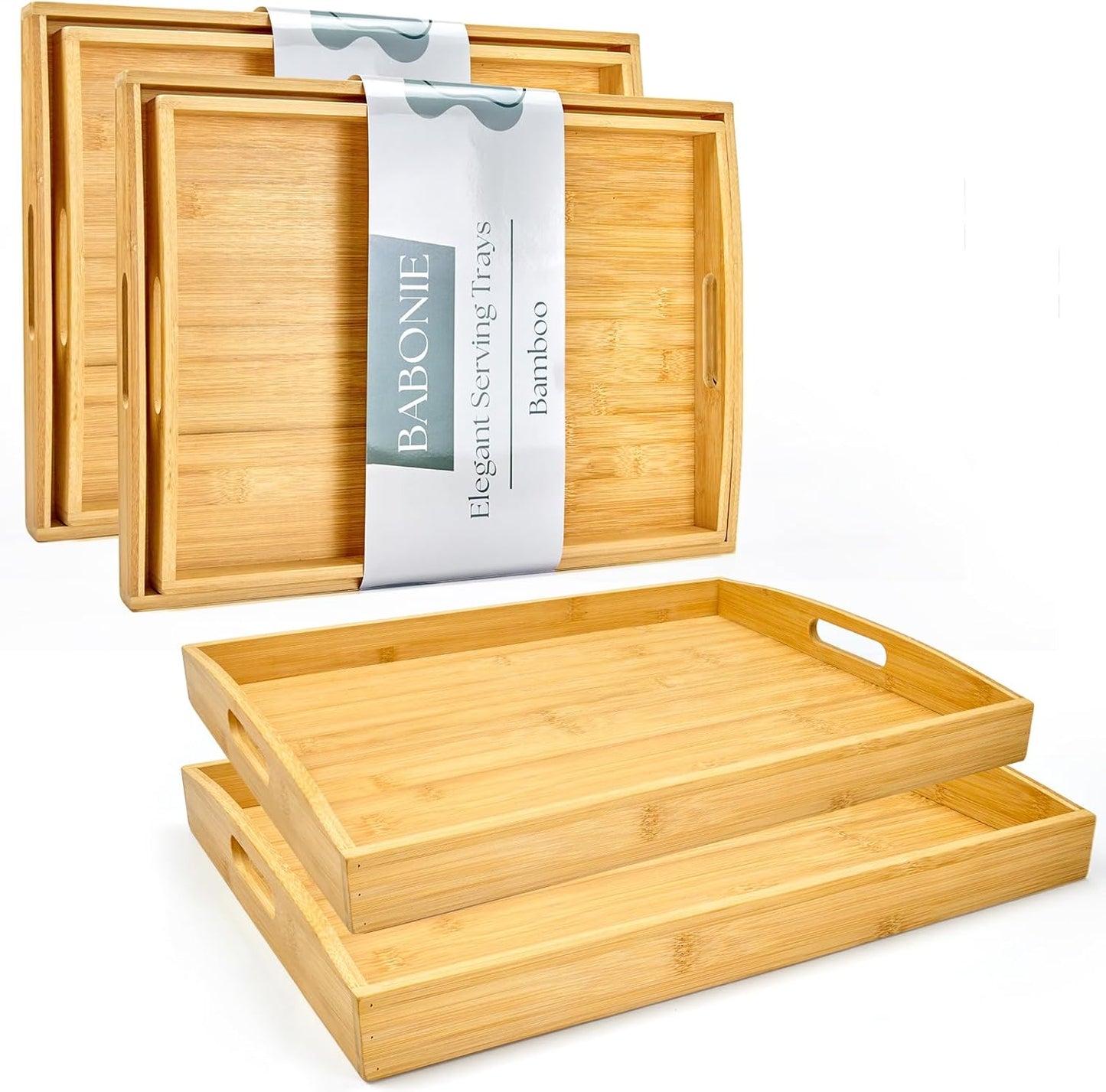 Bamboo Serving Tray Set of 4 - Decorative Wooden Trays for All