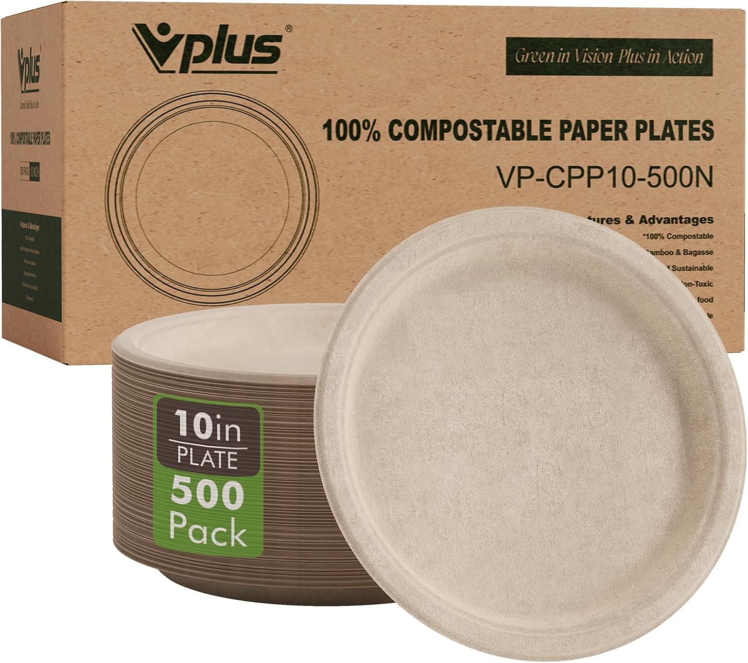 500 Pack Compostable Paper Plates 10.25ft Eco-Friendly Sugarcane