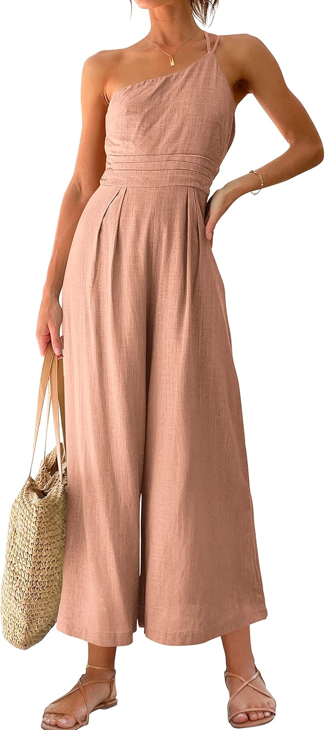 Stylish One Shoulder High Waist Linen Jumpsuit for Women