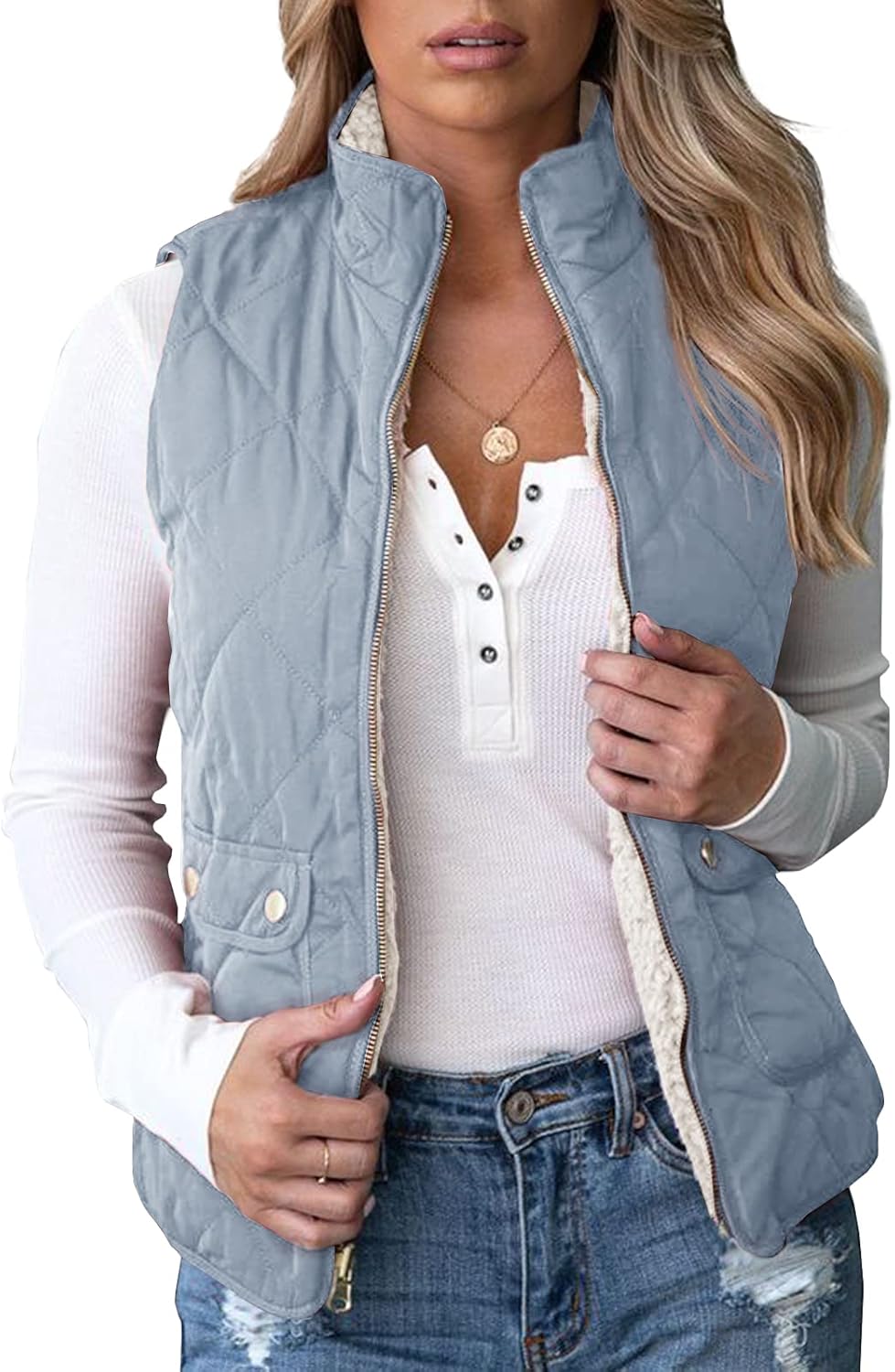 Reversible Quilted Sherpa Fleece Vest for Women - Lightweight