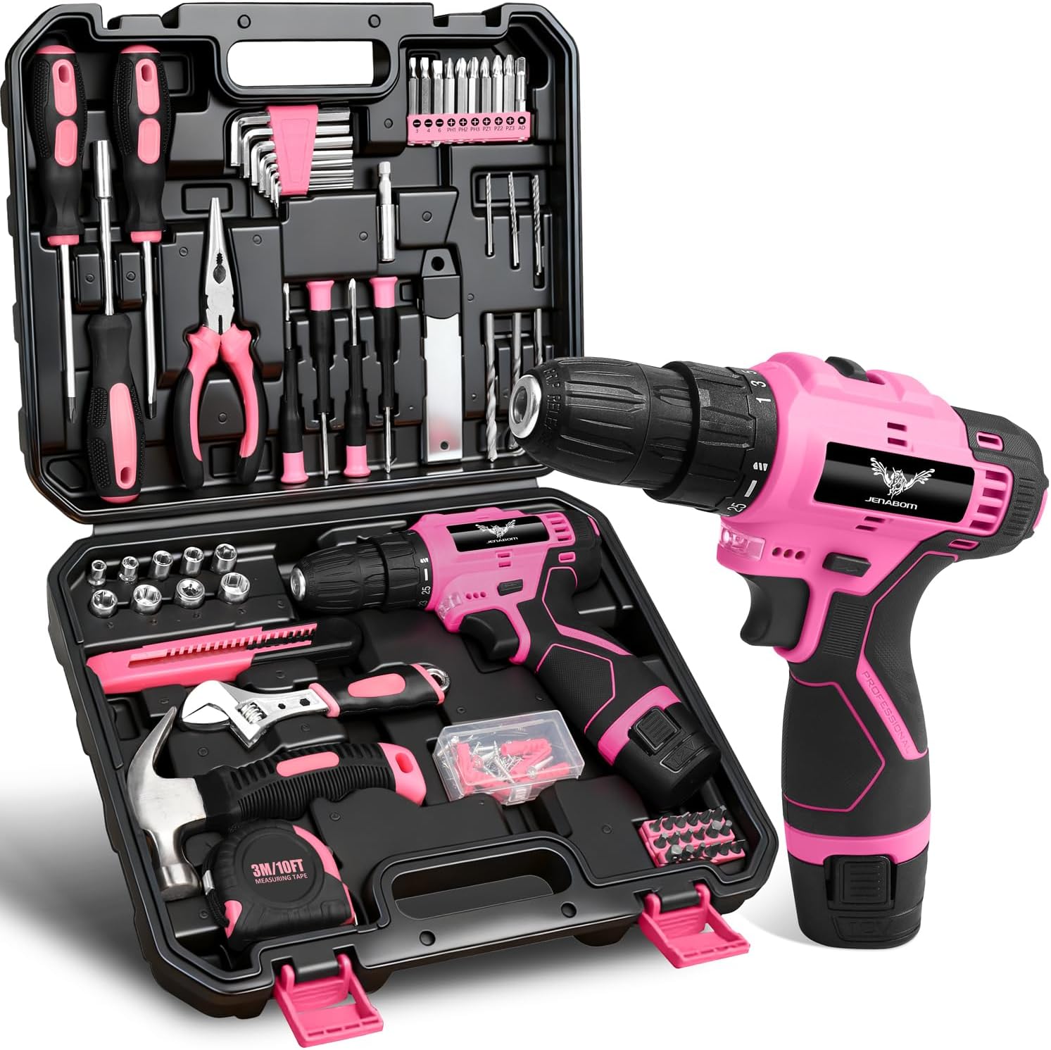 Pink Tool Set - 12V Cordless Drill Kit for Homeowners & DIYers