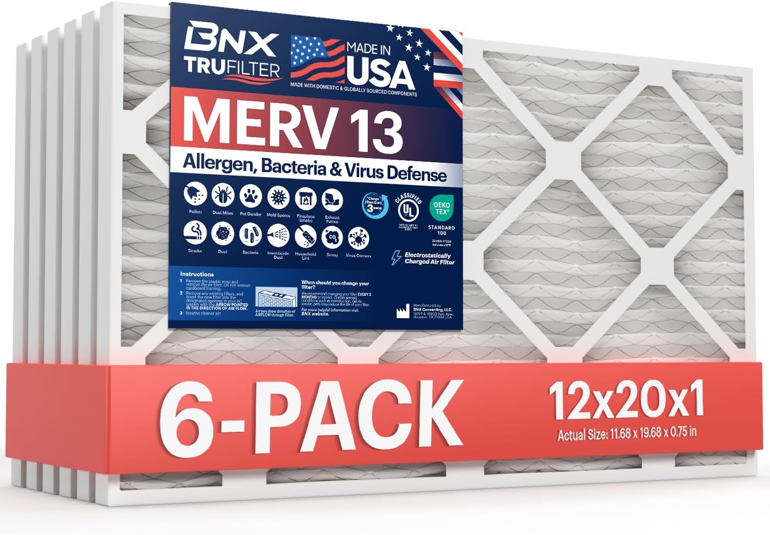 BNX TruFilter 12x20x1 MERV 13 Air Filter for Cleaner Air