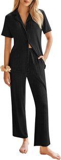 Womens Rib Knit Pajamas Button Up Lounge Set - Soft Stretch Fit
