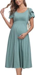 Ruffle Short Sleeve Maternity Dress High Waisted Midi - Flattering