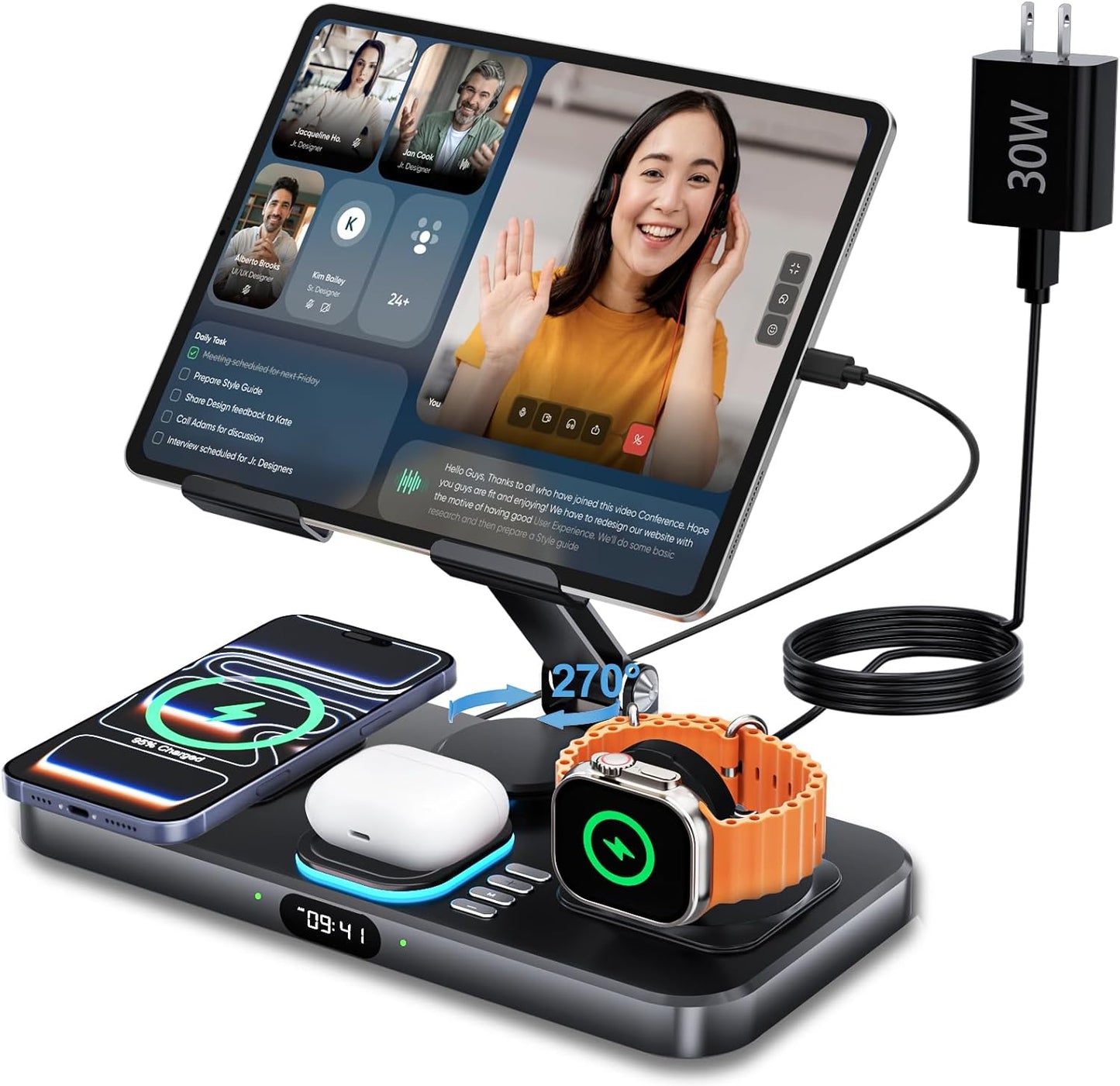 30W Foldable Charging Station for Multiple Devices with Clock
