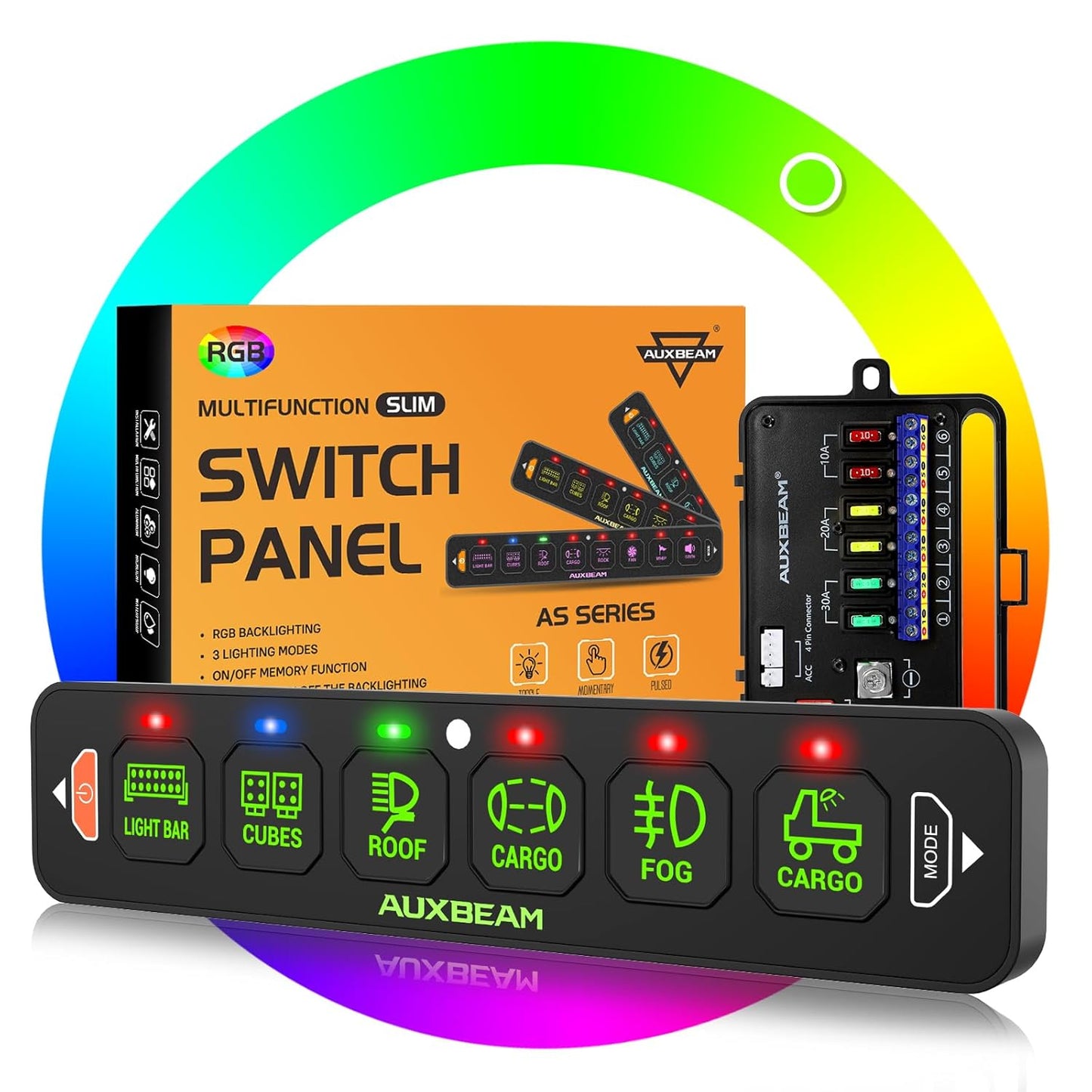 Auxbeam 6 Gang Slim Switch Panel with RGB Backlight Features