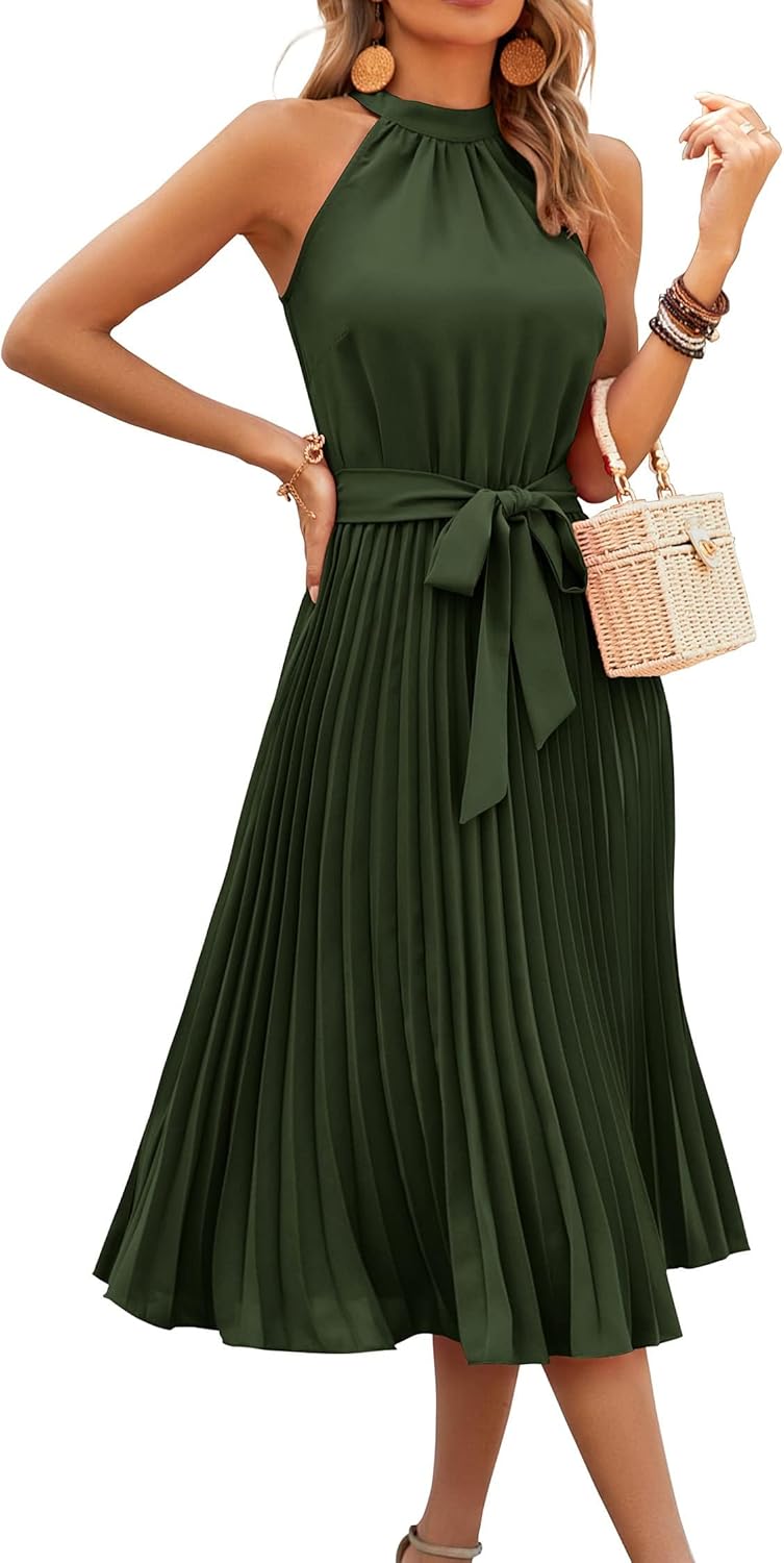 KIRUNDO Women's Summer Sleeveless Halter Neck Midi Dress