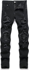 Men's Ripped Patch Elastic Jeans Fashion Slim Fit Regular (Style DMCB)