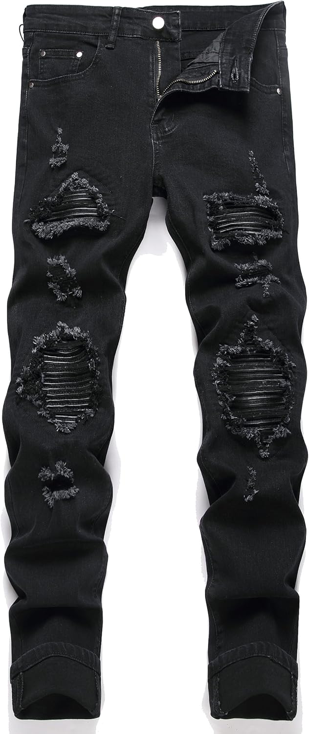 Men's Ripped Patch Elastic Jeans for Fashionable Slim Fit Style