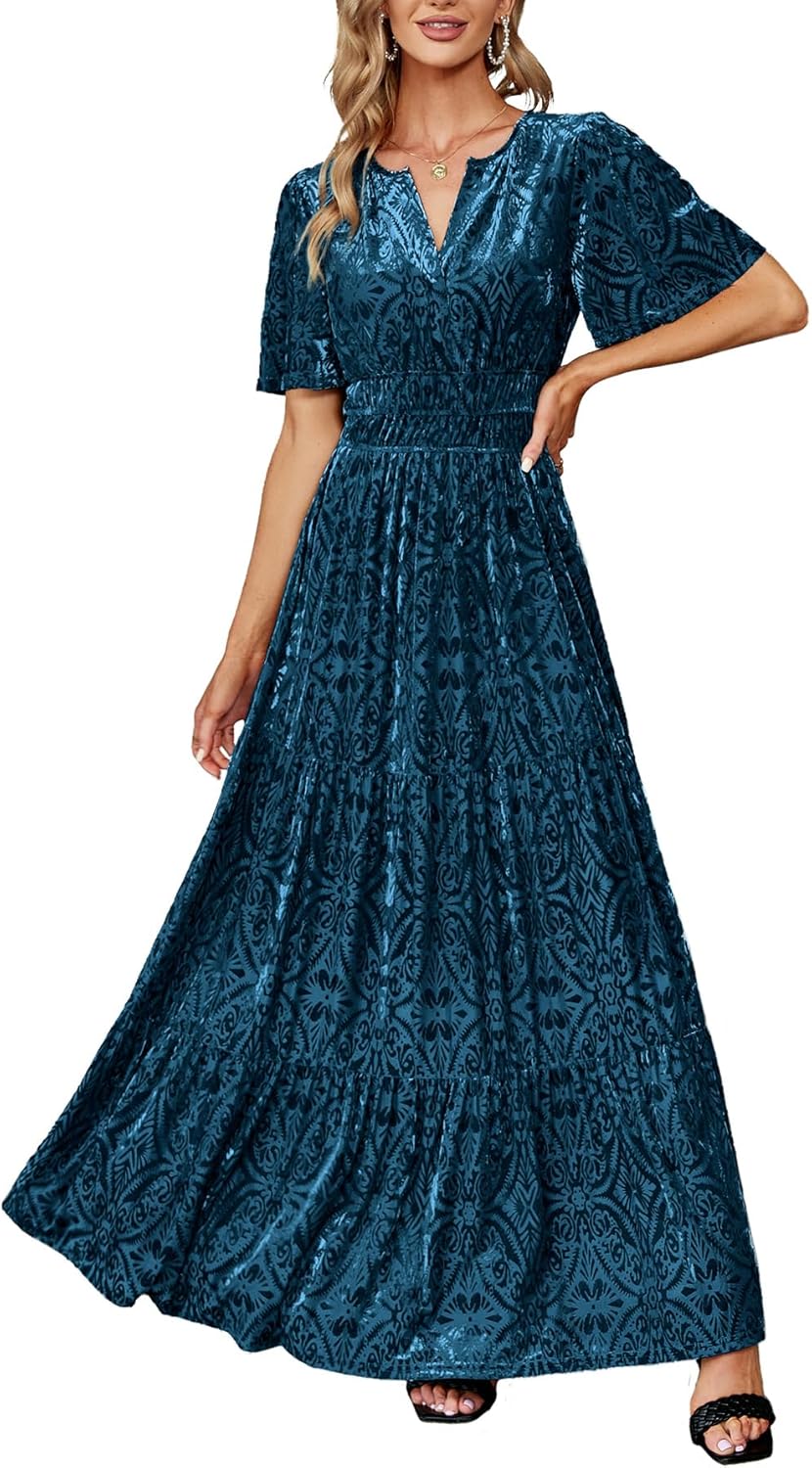 Elegant Velvet V Neck Maxi Dress for Women by Amegoya