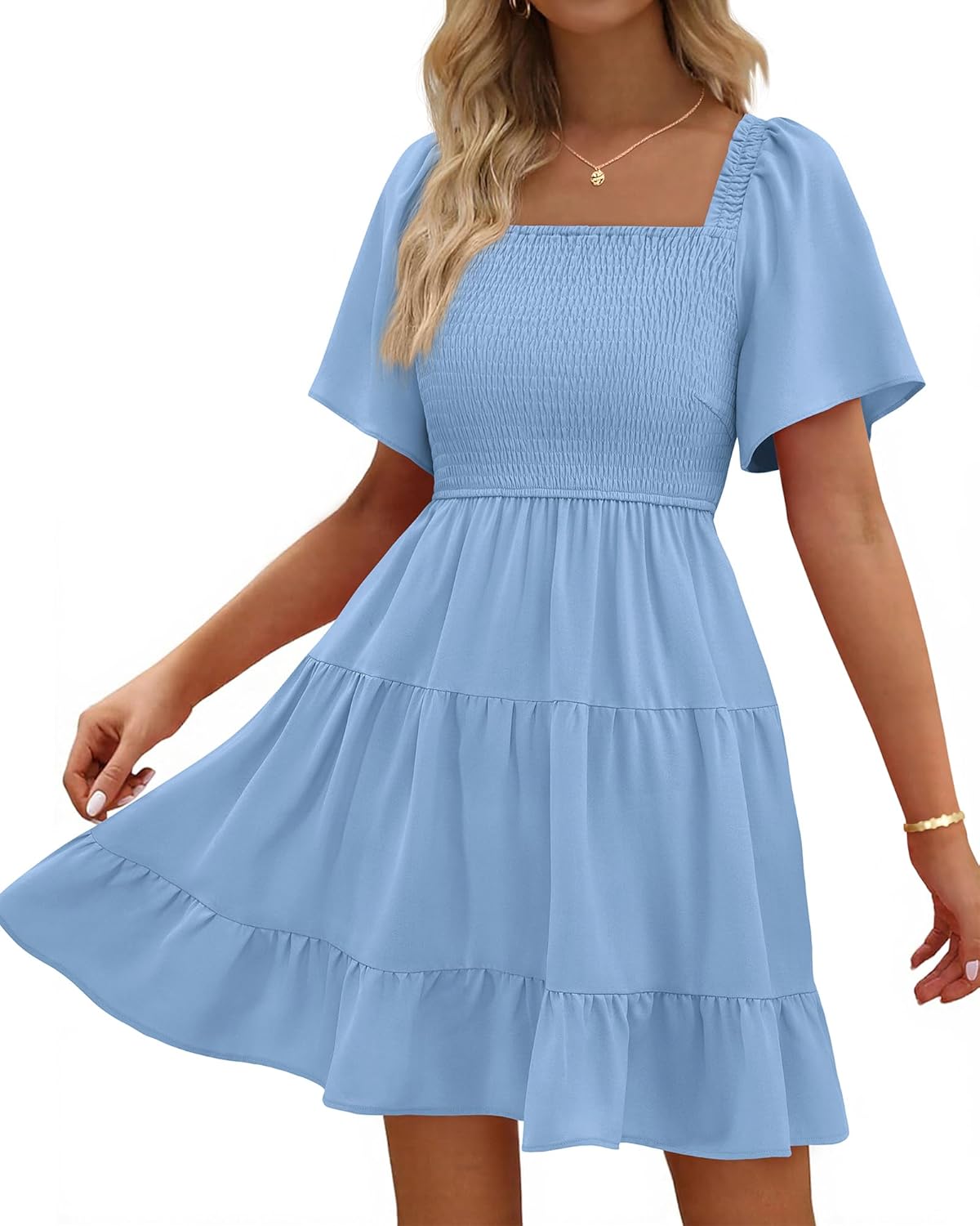 BTFBM Women's Summer Smocked Mini Dress with Pockets and Ruffles