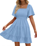 Womens Smocked Mini Dress Square Neck Flutter Sleeve - Casual Pocketed