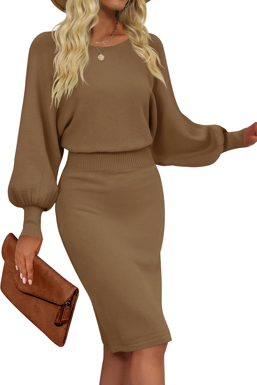 MIROL Women's Casual Long Puff Sleeve Bodycon Midi Dress