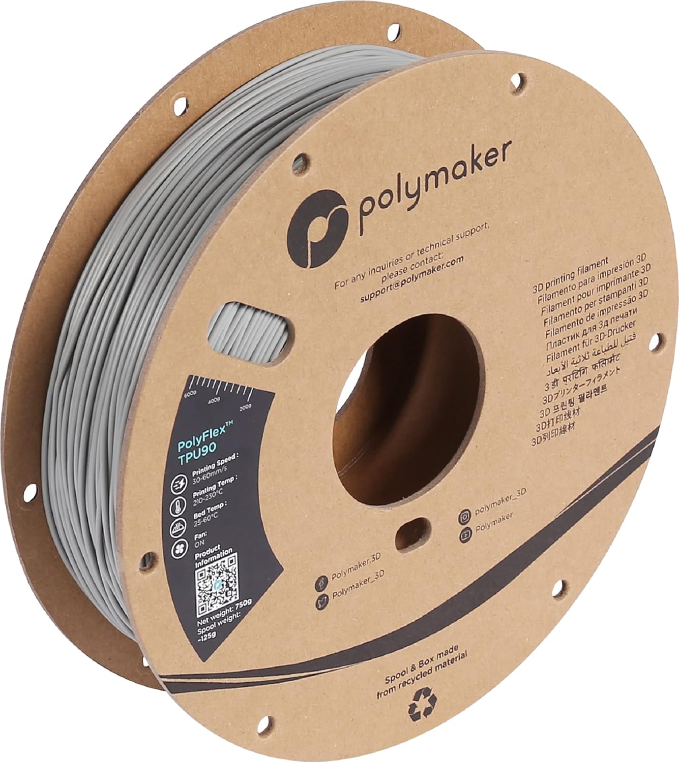 Polymaker TPU Filament 1.75mm Grey for Flexible 3D Printing