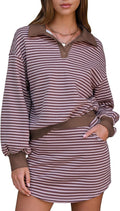 EXLURA Women Fall Two Piece Cotton Striped Set - Polo Sweatshirt