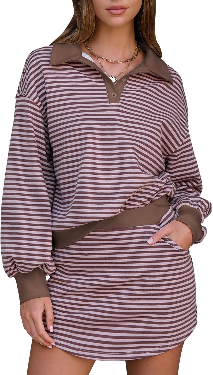 EXLURA Women Fall Two Piece Sets Cotton Striped Set for Style