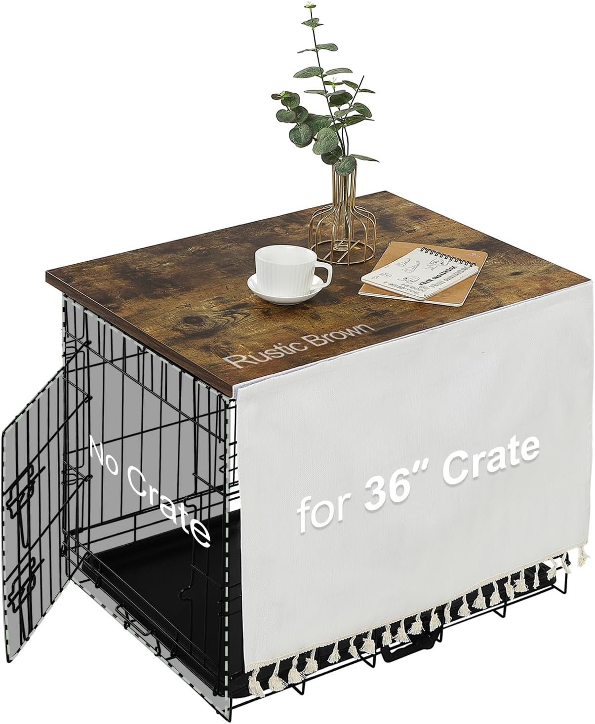 Dog Crate Topper Wood for 36 in Cages with Tassel Curtain