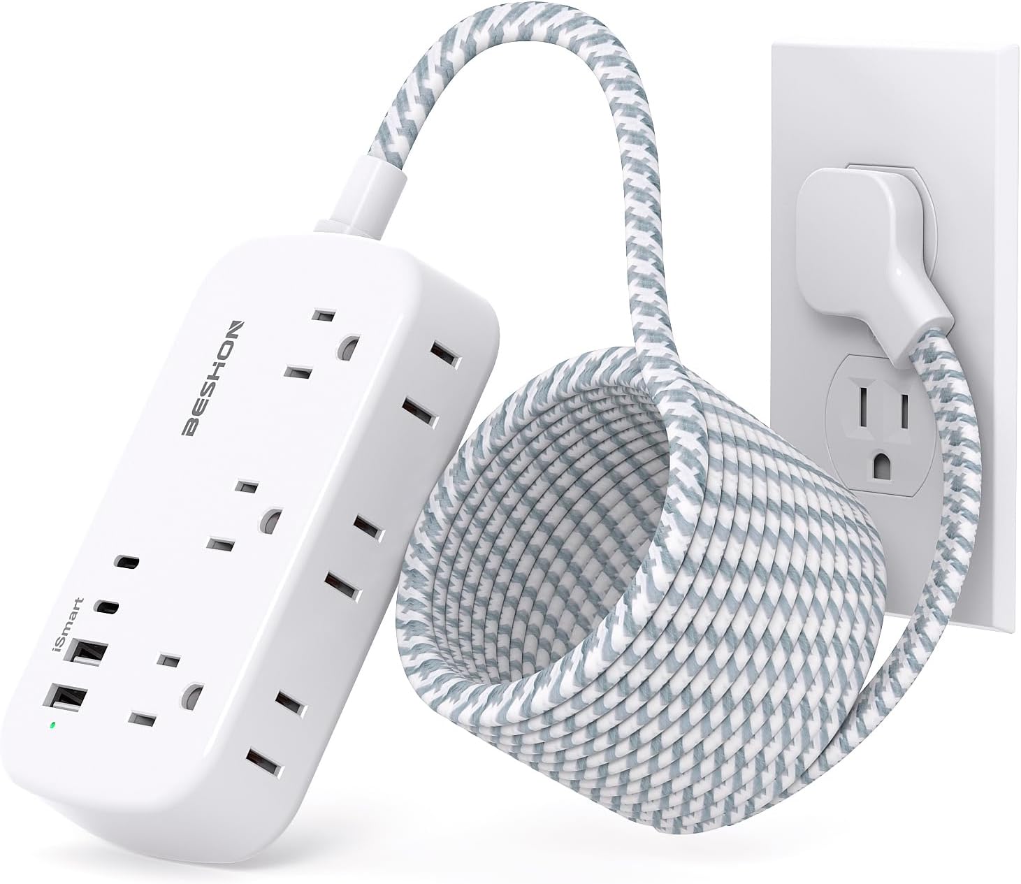 BESHON 15FT Flat Extension Cord with USB C - Space-Saving Power Hub for Dorms!