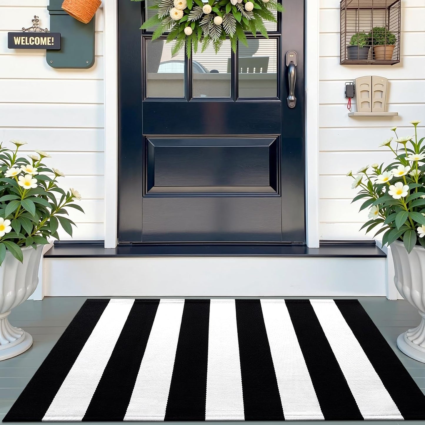 OLANLY Black and White Striped Rug for Indoor Outdoor Use