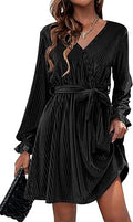 Velvet Wrap V Neck Flared Dress - Elegant Cocktail Wrap Dress