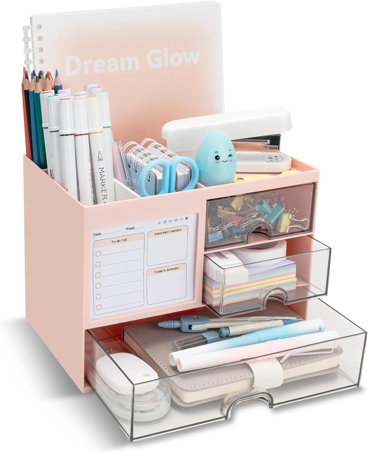 Pink Desk Organizer: 3 Drawers, 8 Compartments, Multi-Functional