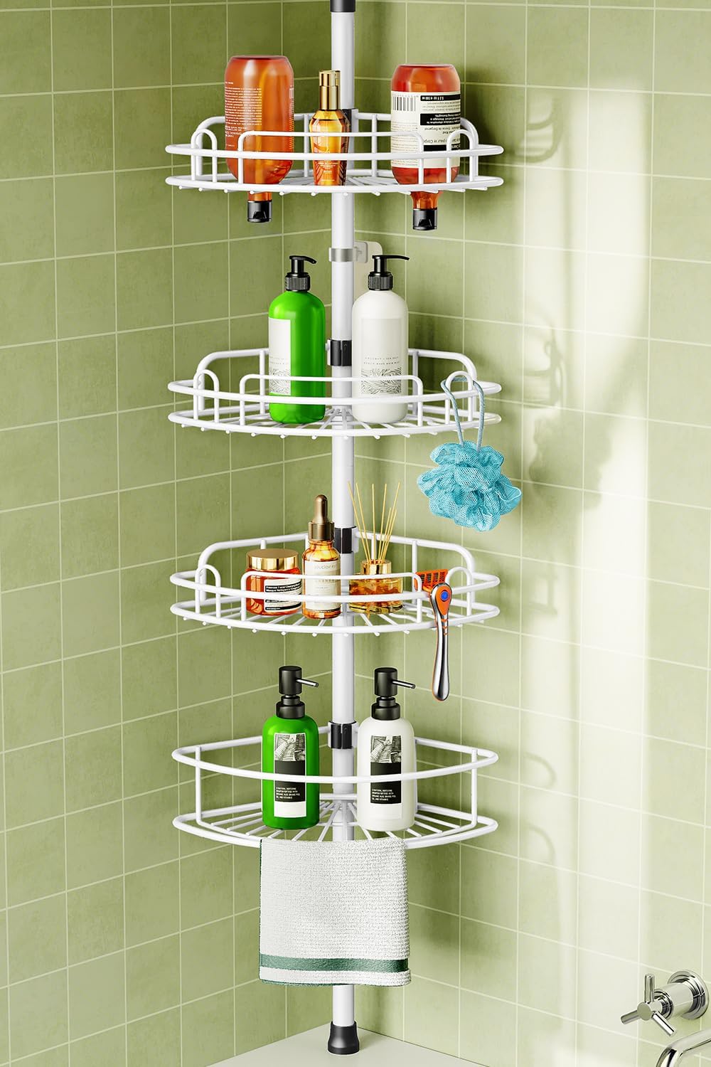 HAMITOR Corner Shower Caddy Tension Pole for Bathroom Storage