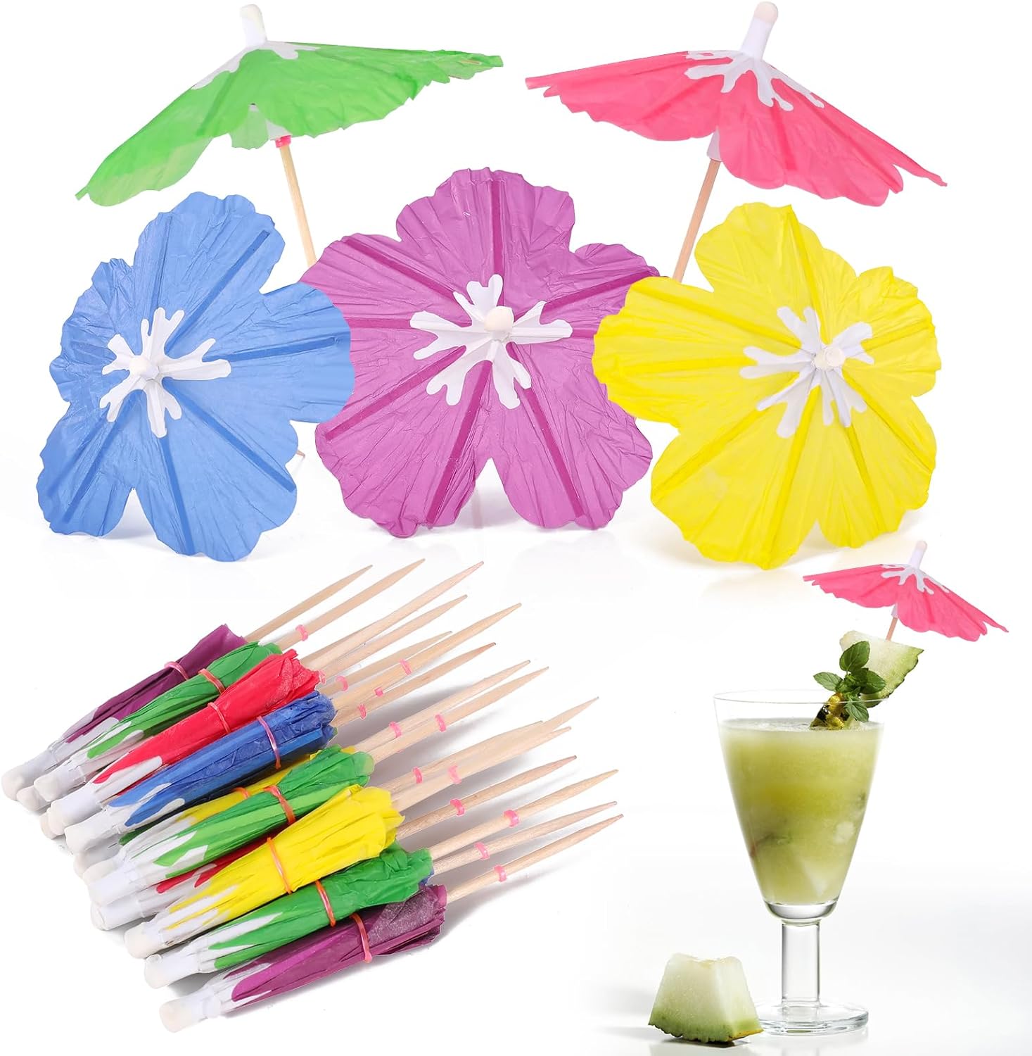 100 Mini Hibiscus Umbrella Picks - Tropical Party Decor
