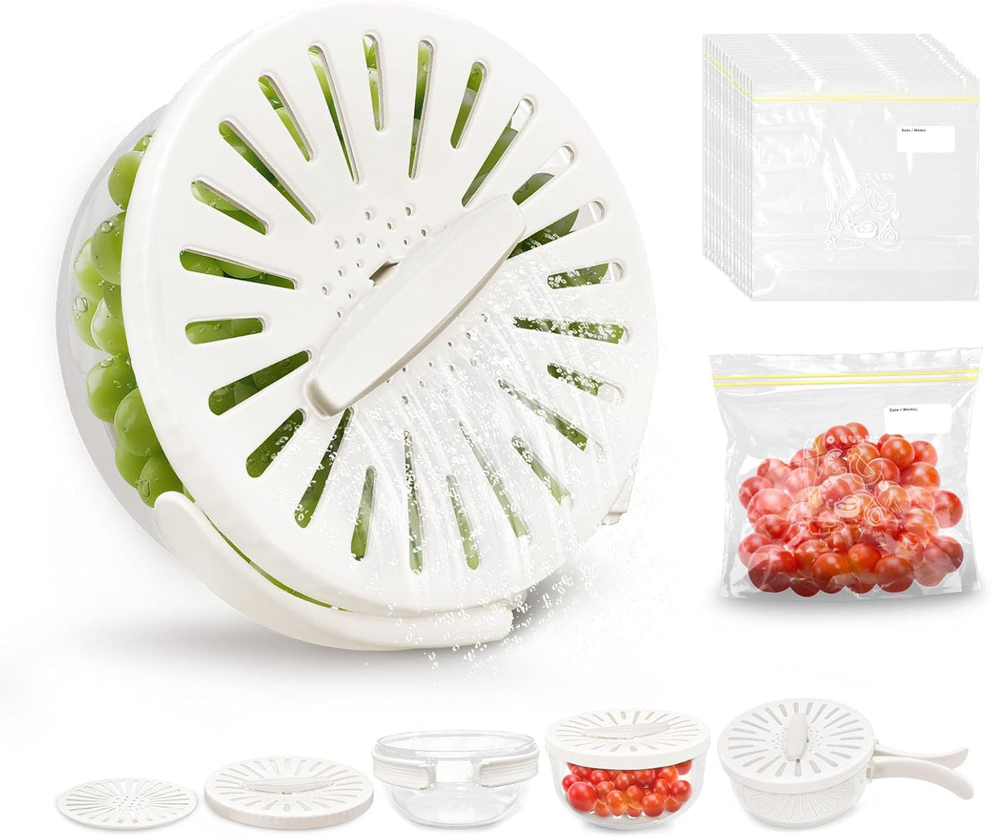 Fruit Washing Bowl with Strainer & 15 Storage Bags - Lockable Lid
