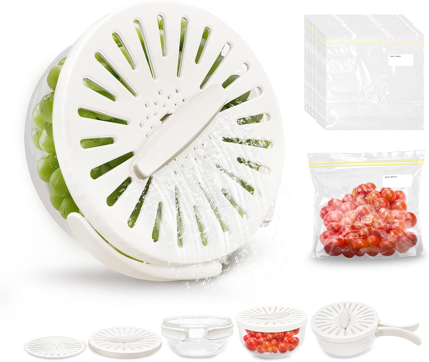 Fruit Washing Bowl with Strainer & 15 Storage Bags - Lockable Lid