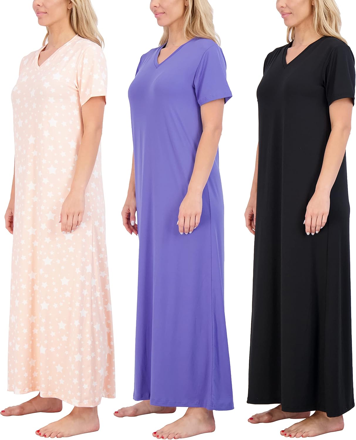 Women's V-Neck Long Nightgowns: Soft Maxi Nightshirt 3-Pack