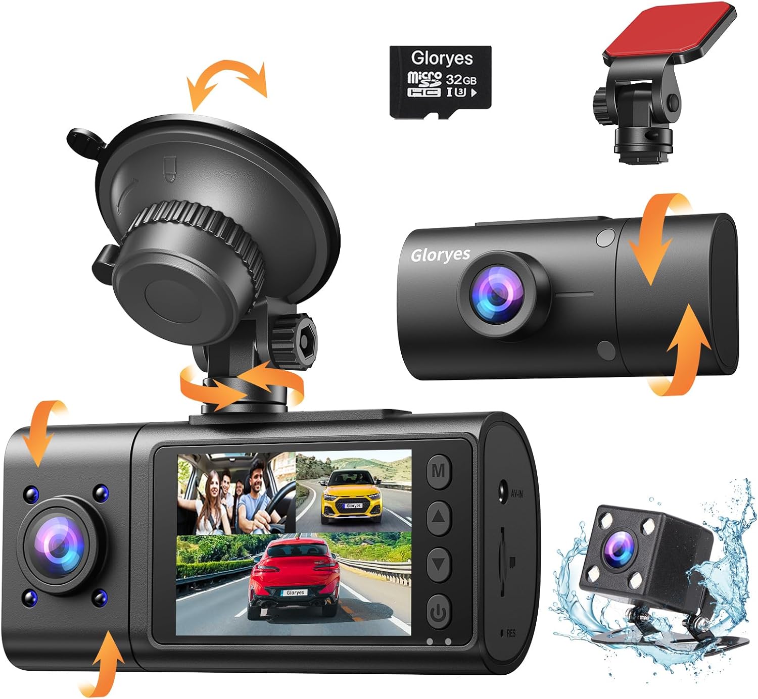 Gloryes 3 Channel Dash Cam Bundle: IR Night Vision, 24H Parking Monitor