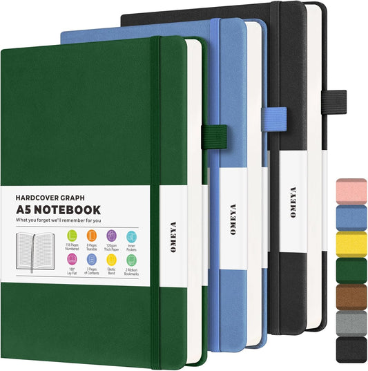 A5 Grid Notebook 3 Pack - Ultra-Durable Leather Journal for Precision Writing | OMEYA