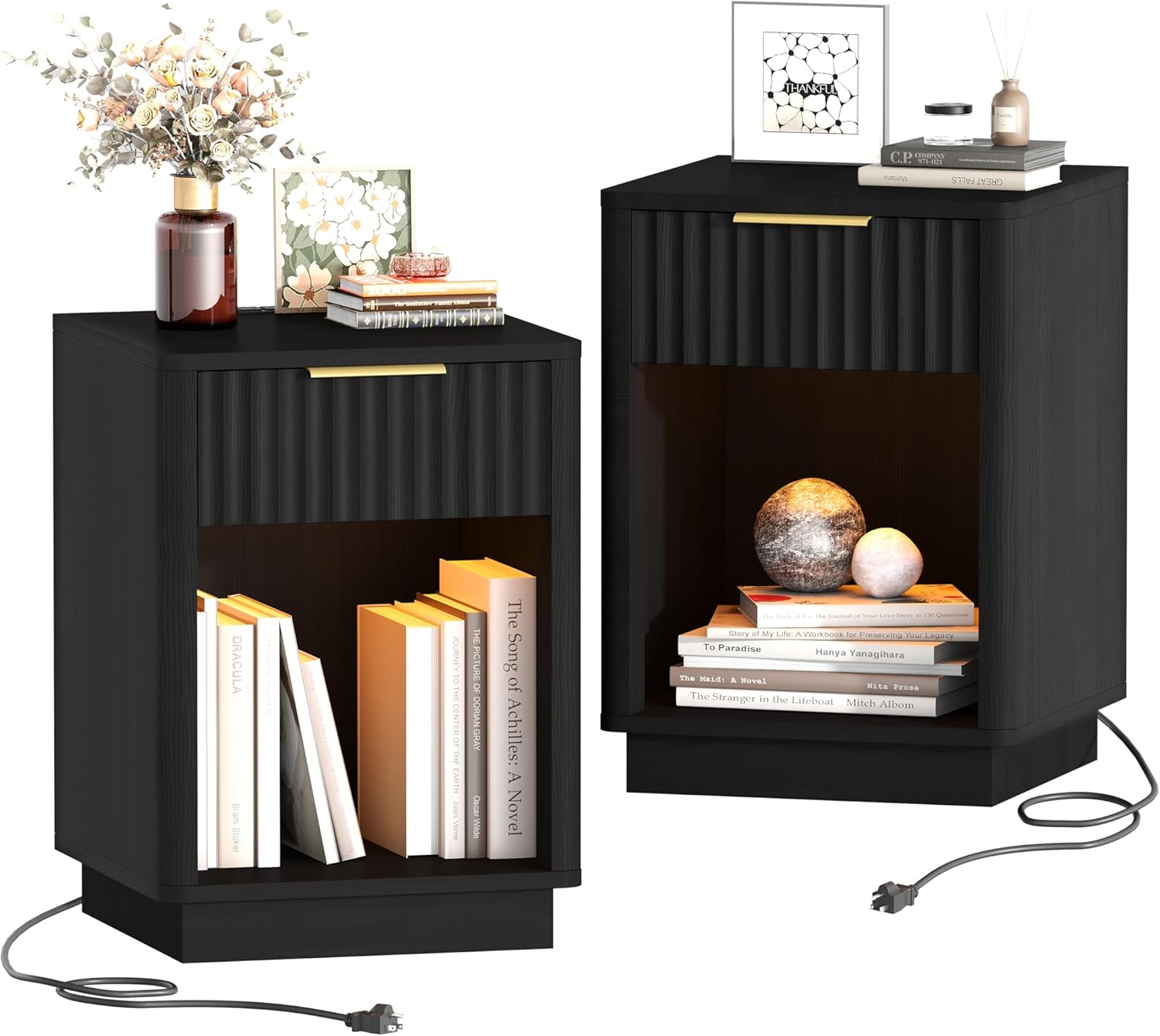 Fluted Nightstands Set of 2 with Charging Station and LED Light