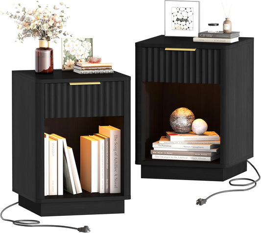 Fluted Nightstands Set of 2 with Charging Station and LED Light