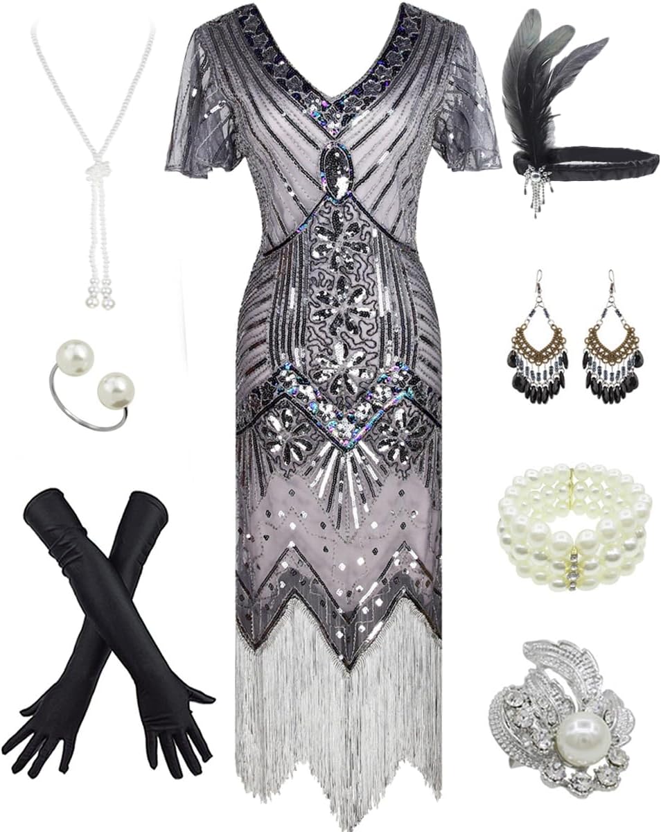1920s Gatsby Inspired Flapper Dress with Accessories Set